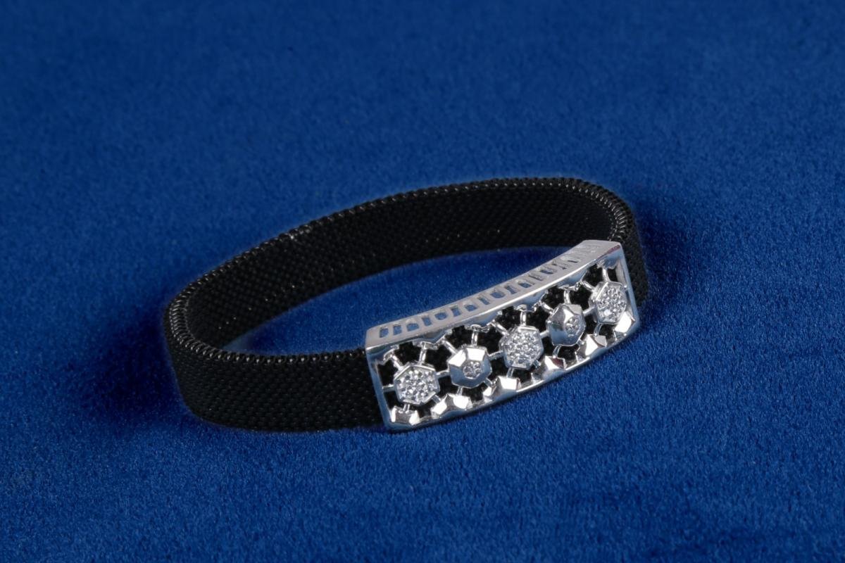 Black Woven Bracelet with Silver-Tone Geometric Accent
