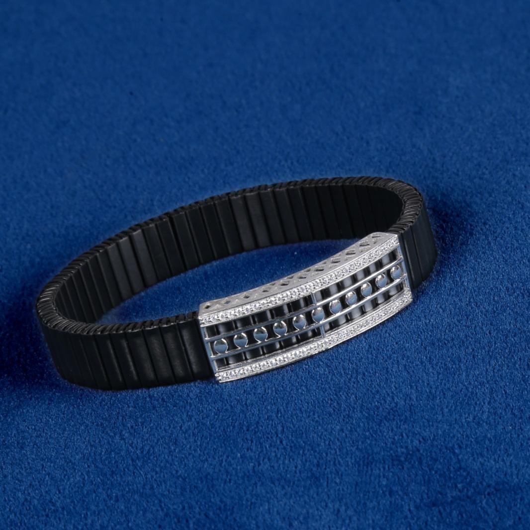 Black Ribbed Bracelet with Silver-Tone Geometric Accent