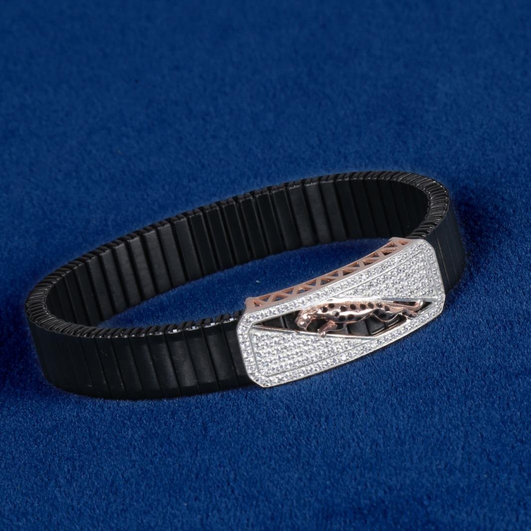 Black Ribbed Bracelet with Rose Gold & Crystal-Tone Accent